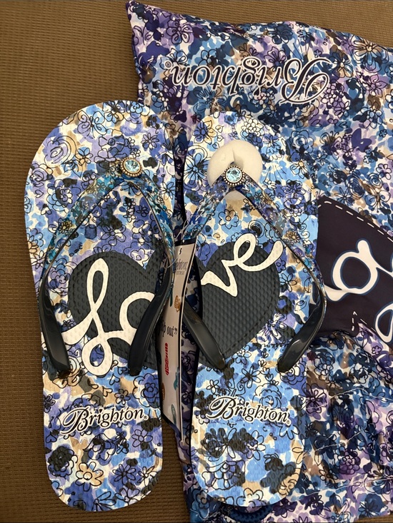 Brighton Shoes - Brighton Blue Floral 'Love' Flip Flops with Jewel Accent